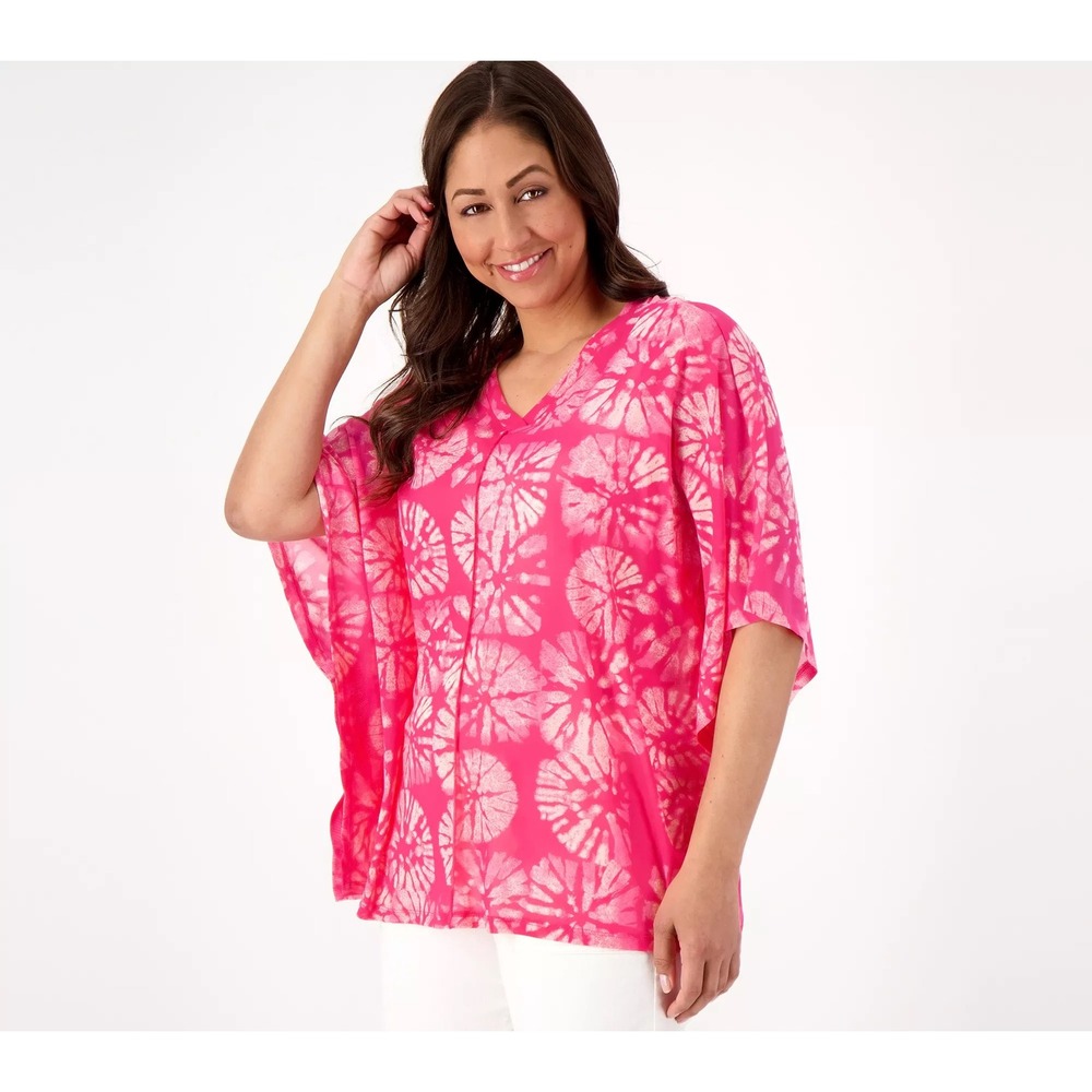 LOGO Lori Goldstein Beach to Street Mesh Caftan Top Pink Womens 2X